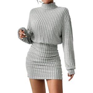 Women Ribbed Knit Sweater LightGray Dress Lantern Sleeve Turtleneck Mini Bodycon